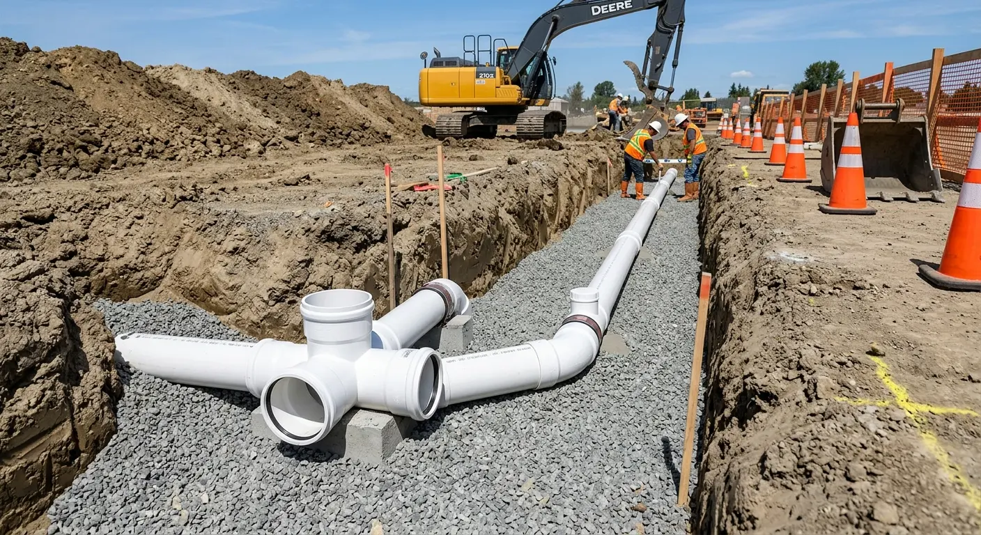 New PVC sewer pipe installation in open trench for Grease Trap Cleaning in Minooka