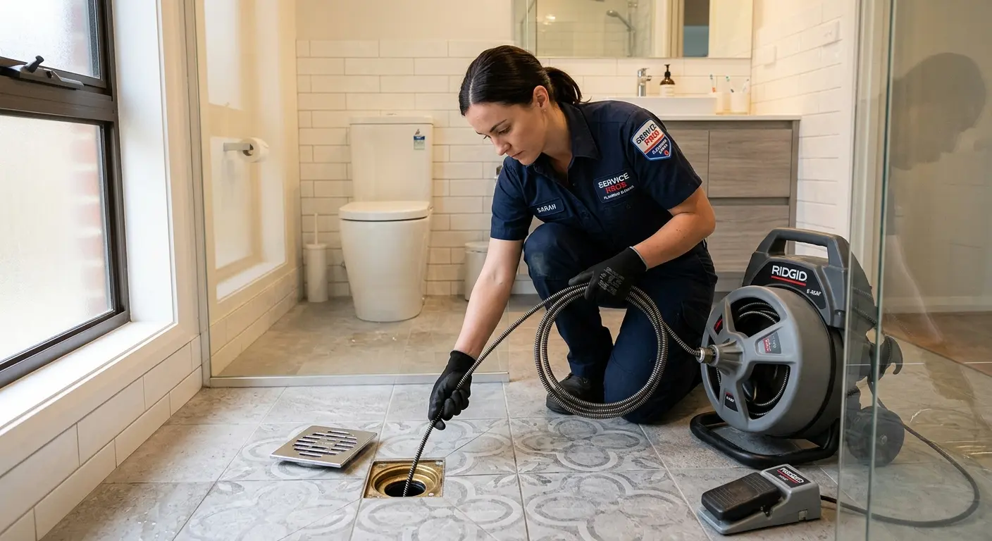 Technician clearing a bathroom floor drain for Sewer Line Installation in Minooka